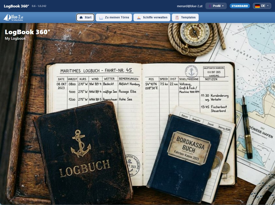Startseite von LogBook 360 mit Kopfleiste, Menü und Titelbild