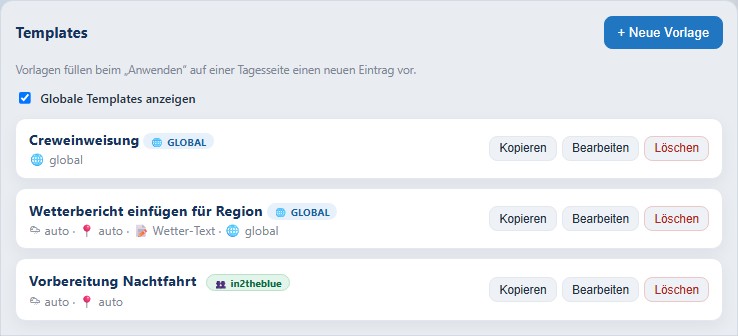 Liste der Vorlagen mit globalen und Team-Vorlagen